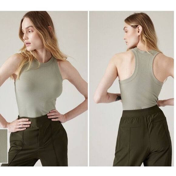 ATHLETA Women’s Sage Green Renew Seamless Ribbed High Neck Racerback Tank Size L - Picture 1 of 7